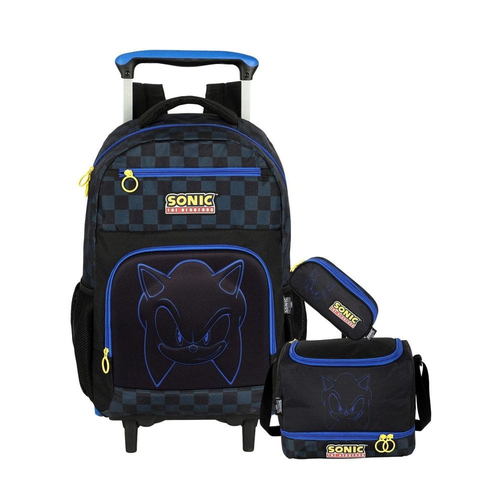 Kit Mochila Rodas + Lancheira + Estojo Triplo Sonic Game