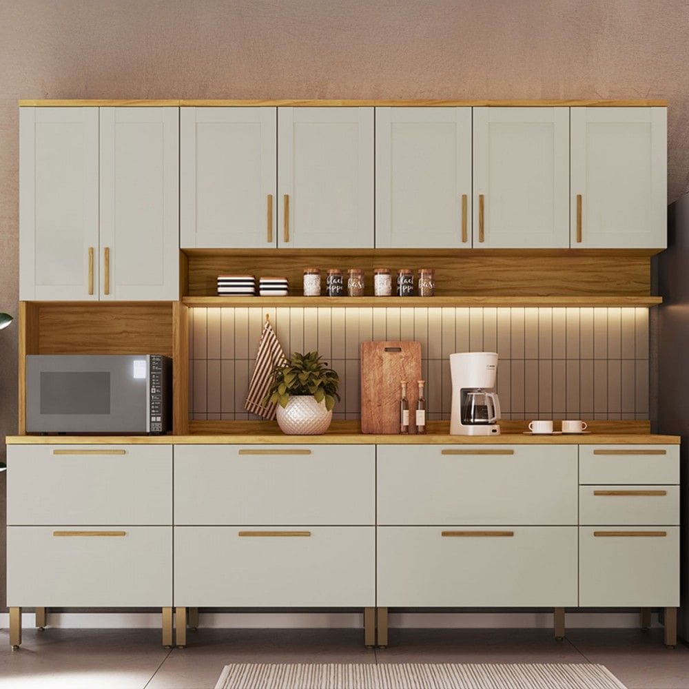 Armário de Cozinha Americana Modulada com Balcão e Tampo 13 Portas 3 Gavetas Texas 100% Mdf Amêndoa/Off White - Pnr Móveis