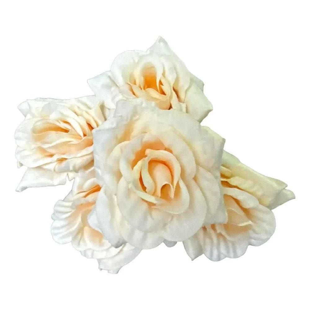 Kit Com 5 Buquês De Rosa Aveludada Artificial Com 5 Fl Creme