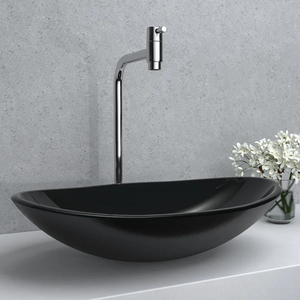 Cuba Oval Vidro Temp 43X28Cm Pia Lavatório Lavabo Banhe Pret