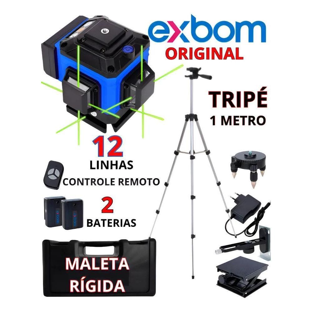 Nível Laser 12 Linhas + Tripé + Maleta Controle 2 Baterias
