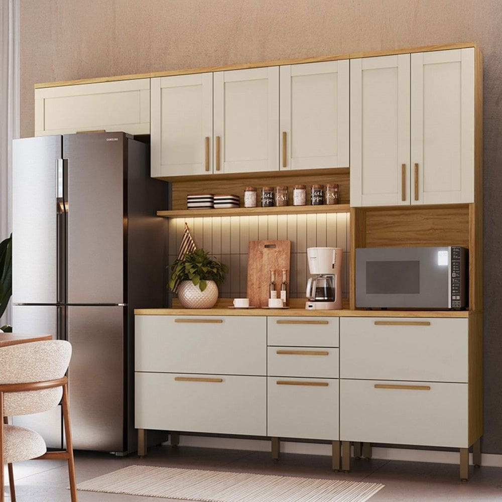 Armário de Cozinha Americana Modulada com Balcão e Tampo 11 Portas 2 Gavetas Texas 100% Mdf Amêndoa/Off White - Pnr Móveis