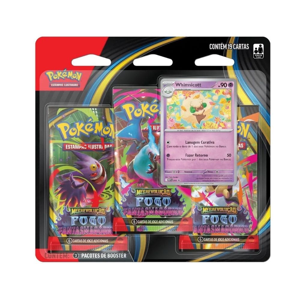 Blister Triplo Megaevolução Fogo Fantasmagórico Whimsicott Trading Card Game Coleção Cartas Geek TCG
