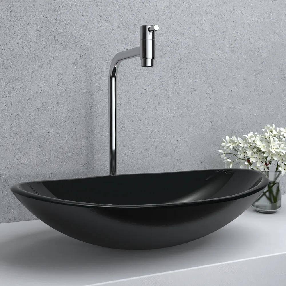 Cuba Oval Vidro Temp 43X28Cm Pia Lavatório Lavabo Banhe Pret