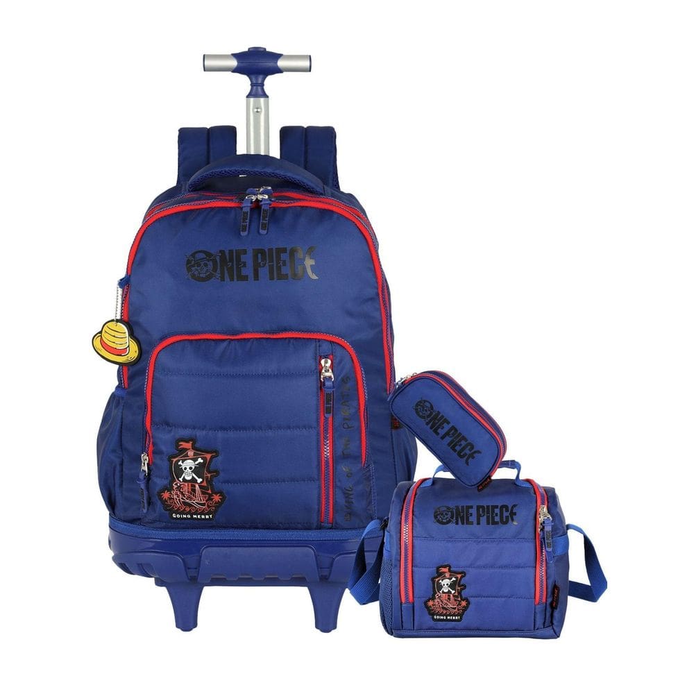 Kit Escolar One Piece Mochila Rodas + Lancheira + Estojo Az