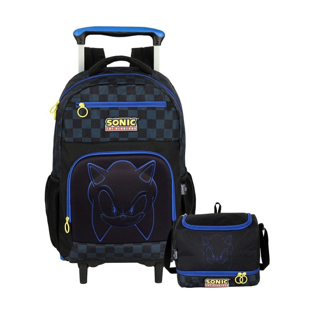 Kit Escolar Mochila Rodas + Lancheira Grande Sonic Game Luxo