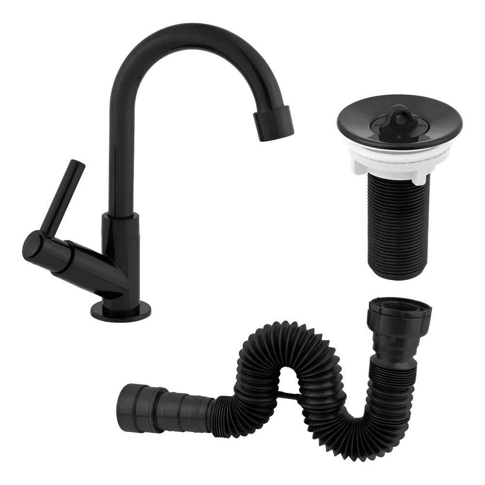 Kit Torneira Banheiro Preta Lavatório Válvula Abs E Sifão -