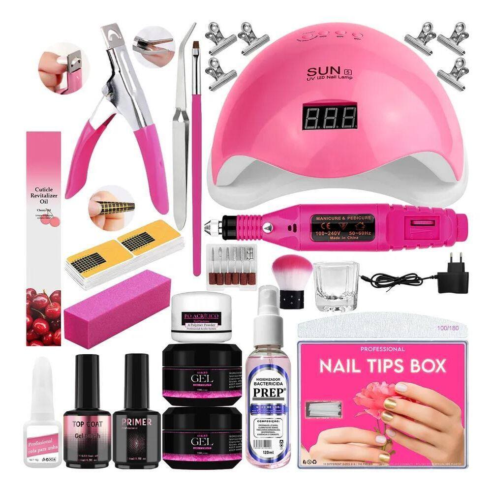 2X Kit Unhas Gel Acrigel Alongamentos Cabine Lixadeira Compl