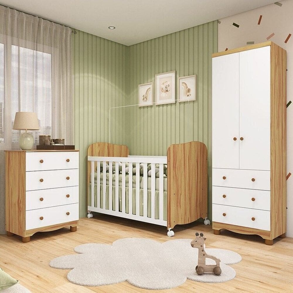 Quarto de Bebê com Guarda-roupa 2 Portas Cômoda e Berço com Rodízios 100% Mdf Mimo Espresso Móveis Branco Brilho/Amêndoa