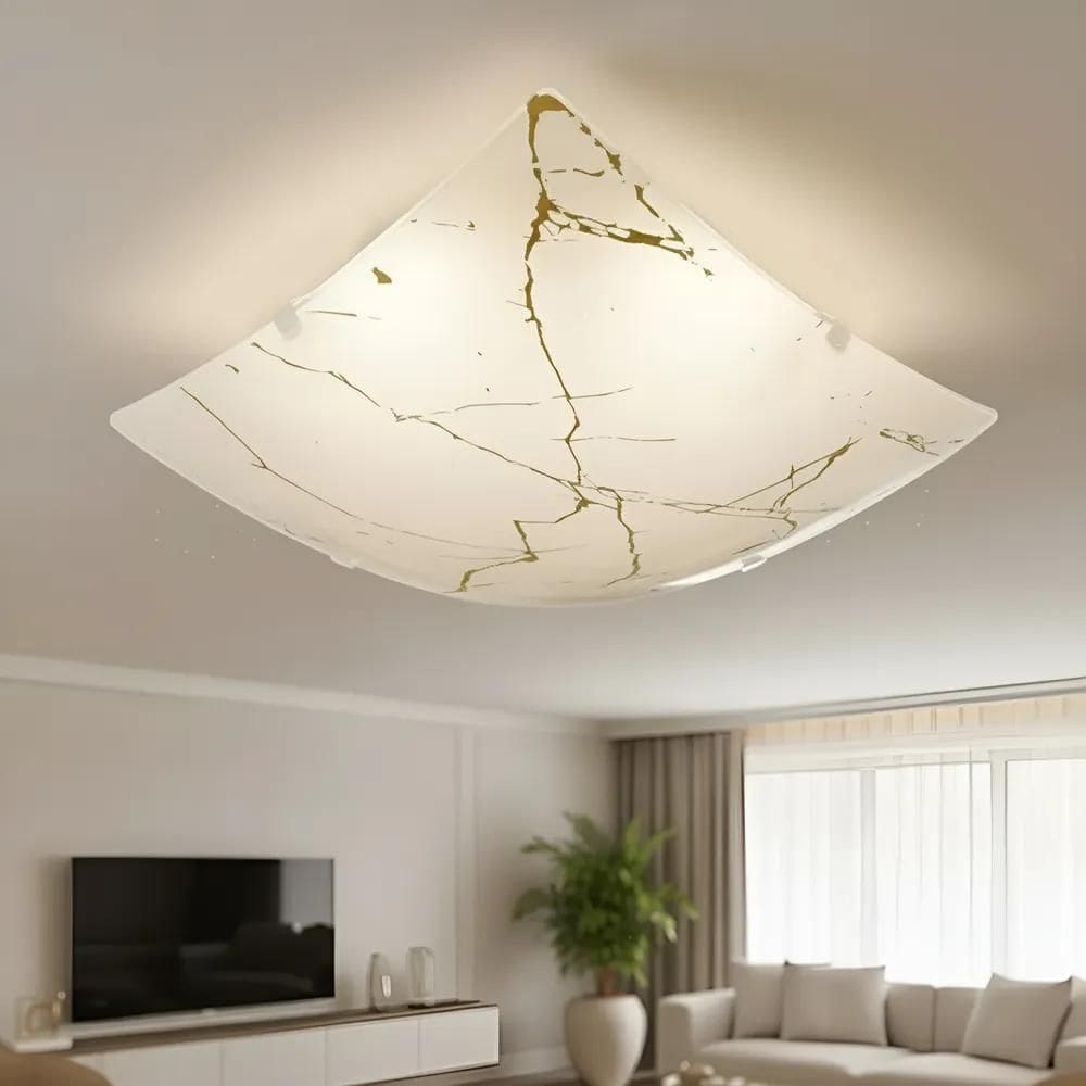 Lustre Plafon Sobrepor Vidro Mármore Dourado Ônix 2 Lampadas