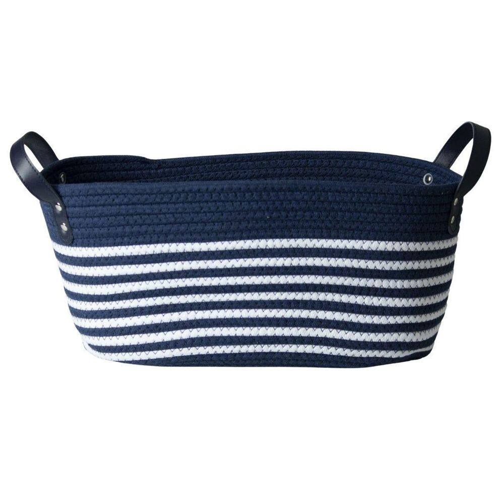 Cesto De Algodão 44X28X21 C/Alça Azul Com Listras Brancas