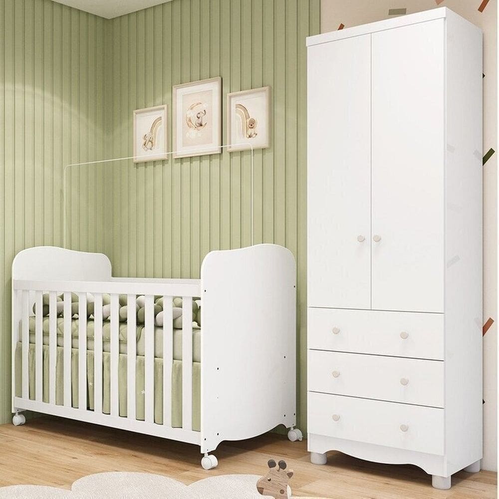 Quarto de Bebê com Guarda-roupa 2 Portas e Berço com Rodízios 100% Mdf Mimo Espresso Móveis Branco Brilho