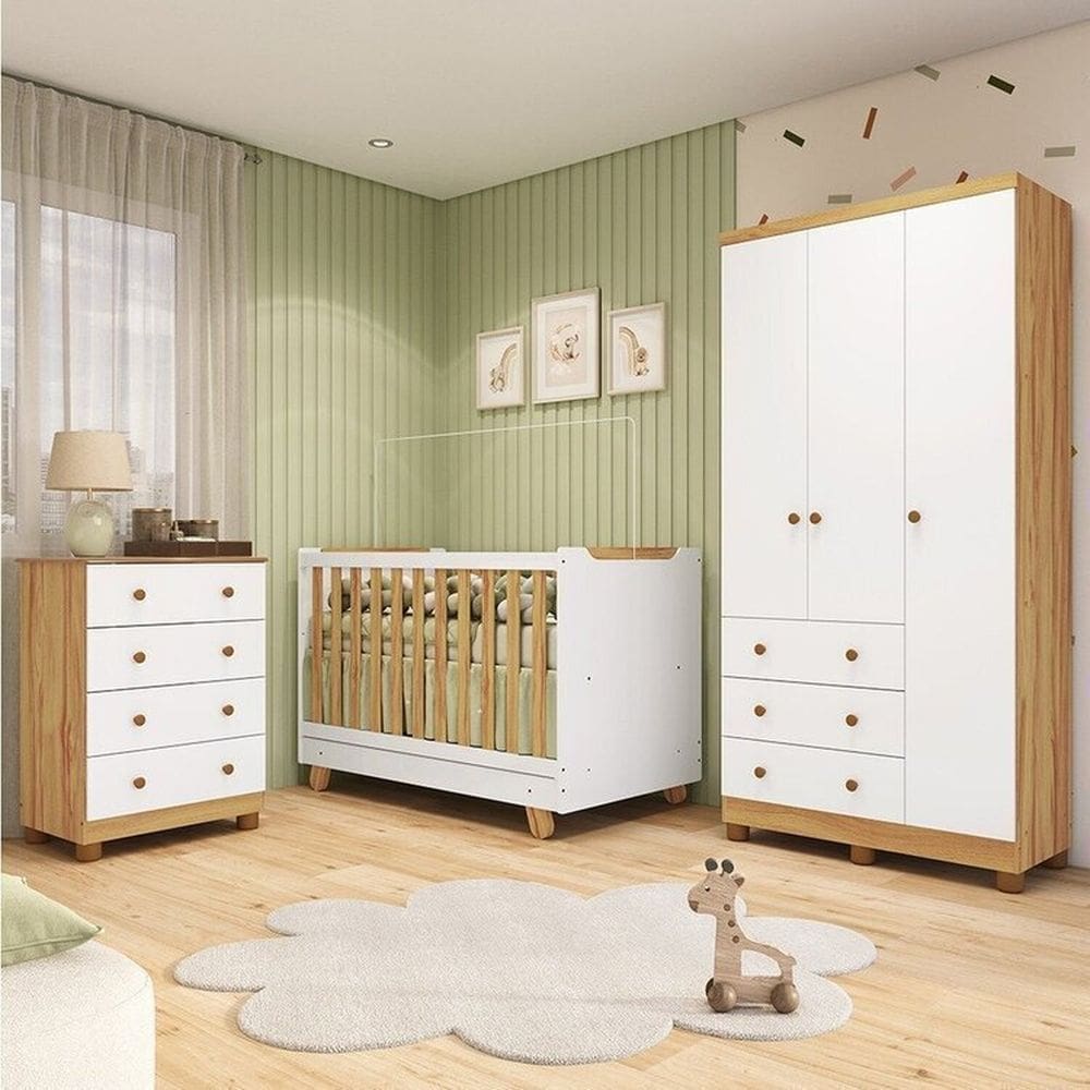 Quarto de Bebê Guarda-roupa 3 Portas Cômoda e Berço 4 em 1 Minicama 100% Mdf Mike Espresso Móveis Branco Brilho/Amêndoa