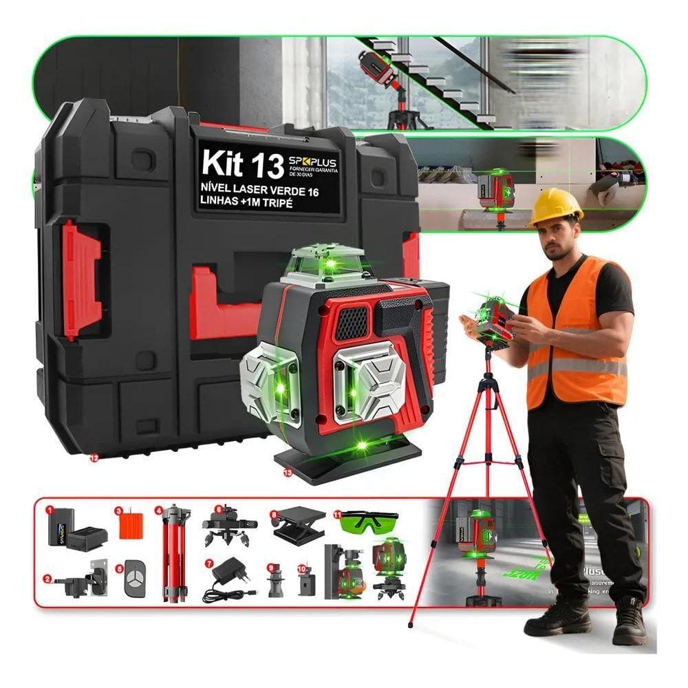 Nível Laser 16 Linhas 30M 4D 360+ Tripé Bateria Base Maleta