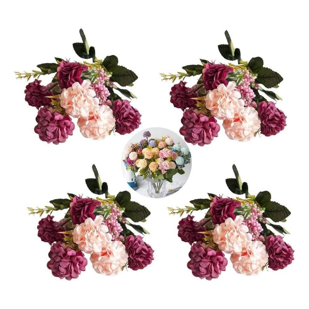 4 Buque De Hortênsia Artificial Qualidade Aaa Rosa Vermelha