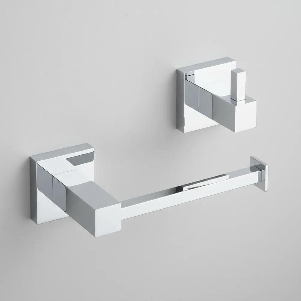 Kit Porta Papel Higiênico + Cabide Simples Metal Quadrado -