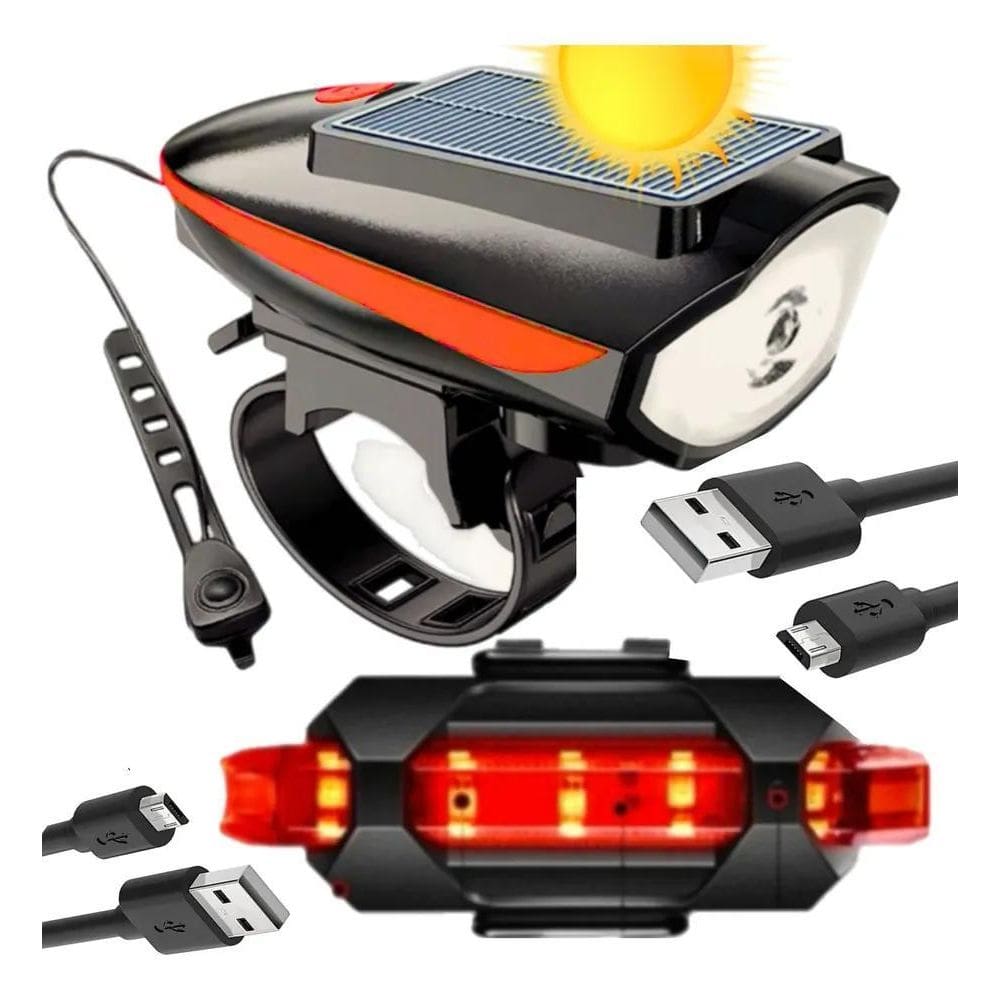 Lanterna Farol Solar Bike Buzina Led Traseiro Ciclis Laranja