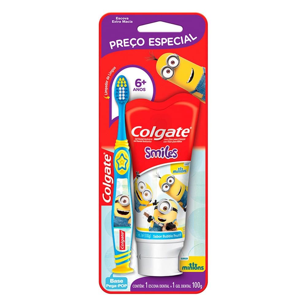 Kit Escova Dental Infantil Colgate Minions Extra Macia 6+ Anos + 1 Gel Dental Personagens