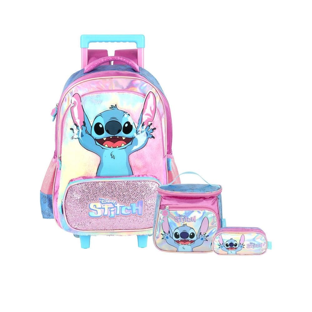 Kit Lilo Stitch Mochila Rodas + Lancheira + Estojo Triplo