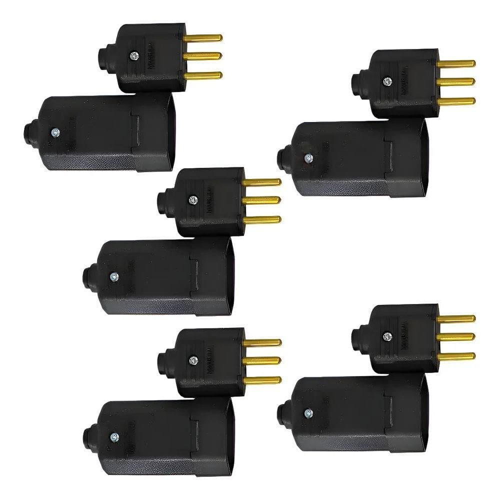 Kit 10Pçs- Tomada Fêmea E Plugue Macho Com 3 Pinos 10A Preto