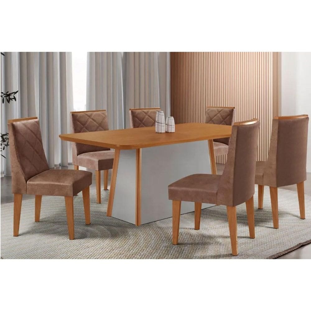 Conjunto Sala de Jantar Tilia c/ Tampo Madeirado Canto Curvo 180x90cm e 6 Cadeiras Pietá Madeira Maciça Naturale/Off White - Capuccino/Corano Capuccin