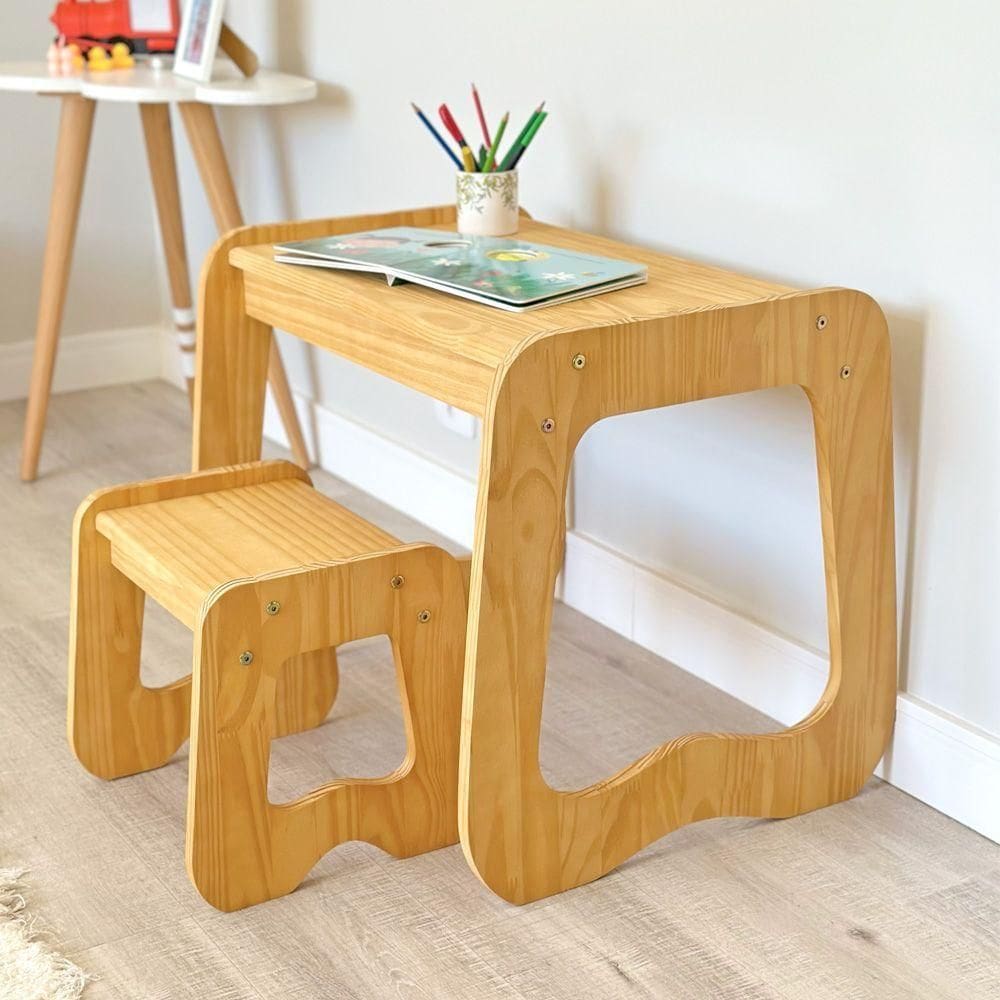 Mesa Com Banquinho Infantil Encanto Em Madeira Mel