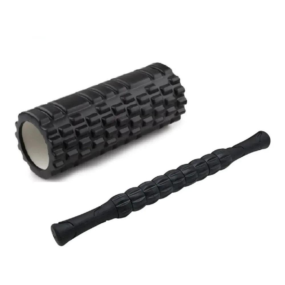 2X Kit Bastão Massagem E Rolo Liberação Foam Roller Miofasci