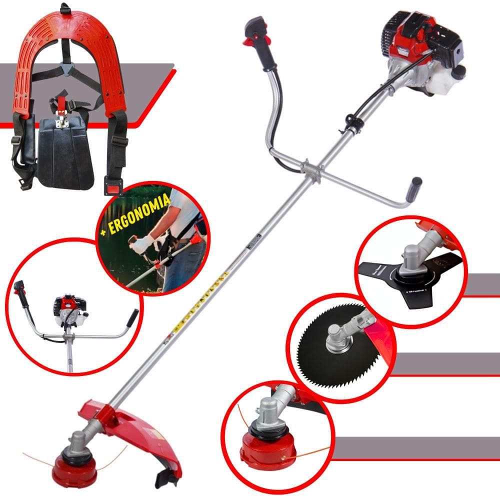 Roçadeira Profissional Toyama RT43L 2 Tempos 43cc 1,7HP de Potência Cortador de Grama Com Cabeçote de Nylon + Lâmina 3 Pontas + Lâmina 80 Dentes