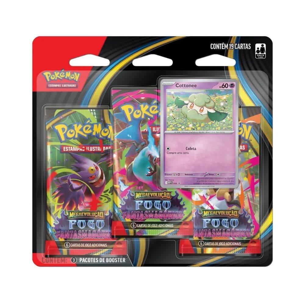 Blister Triplo Megaevolução Fogo Fantasmagórico Cottonee TCG Presente Menino Menina Colecionador