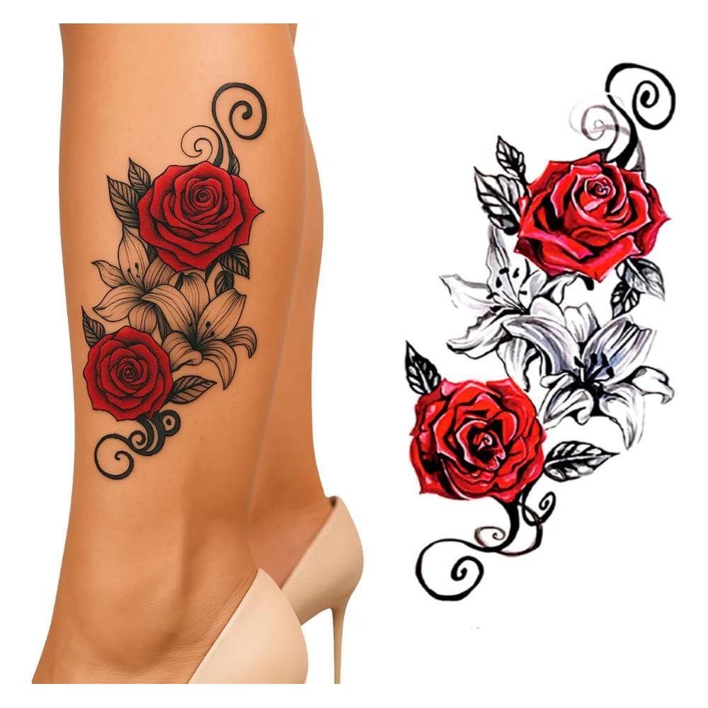 2X Tatuagem Temporaria Feminina Realista Rosas Vermelh