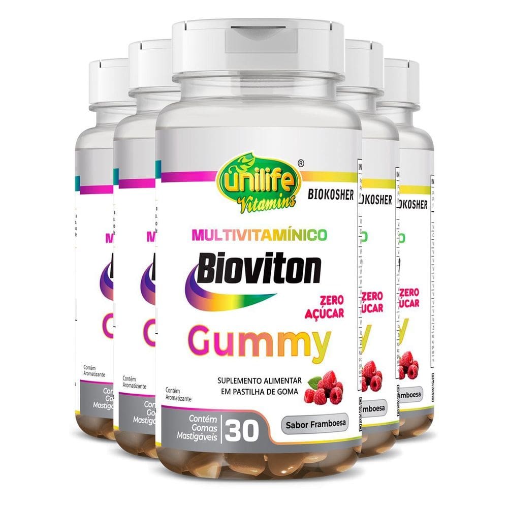 Kit 5 Gummy Multivitamínico Sabor Framboesa Unilife 30 Gomas