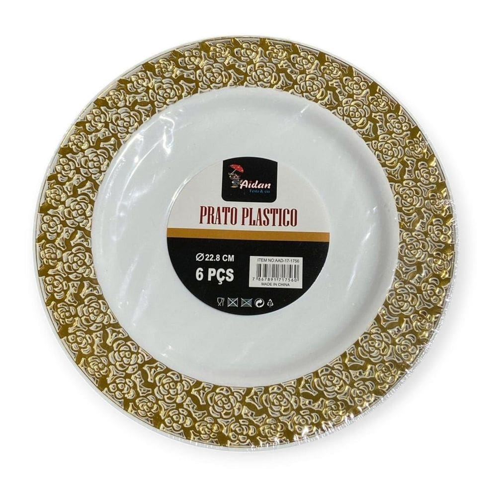 Kit 6 Pratos Redondo Borda Dourada Vazada 22Cm Reutilizável