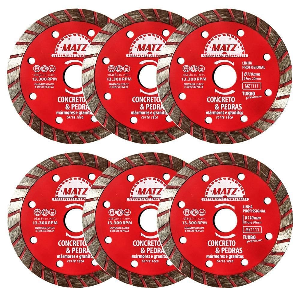 Kit 6 Disco Corte Diamantado Turbo Concreto 110X20Mm Matz