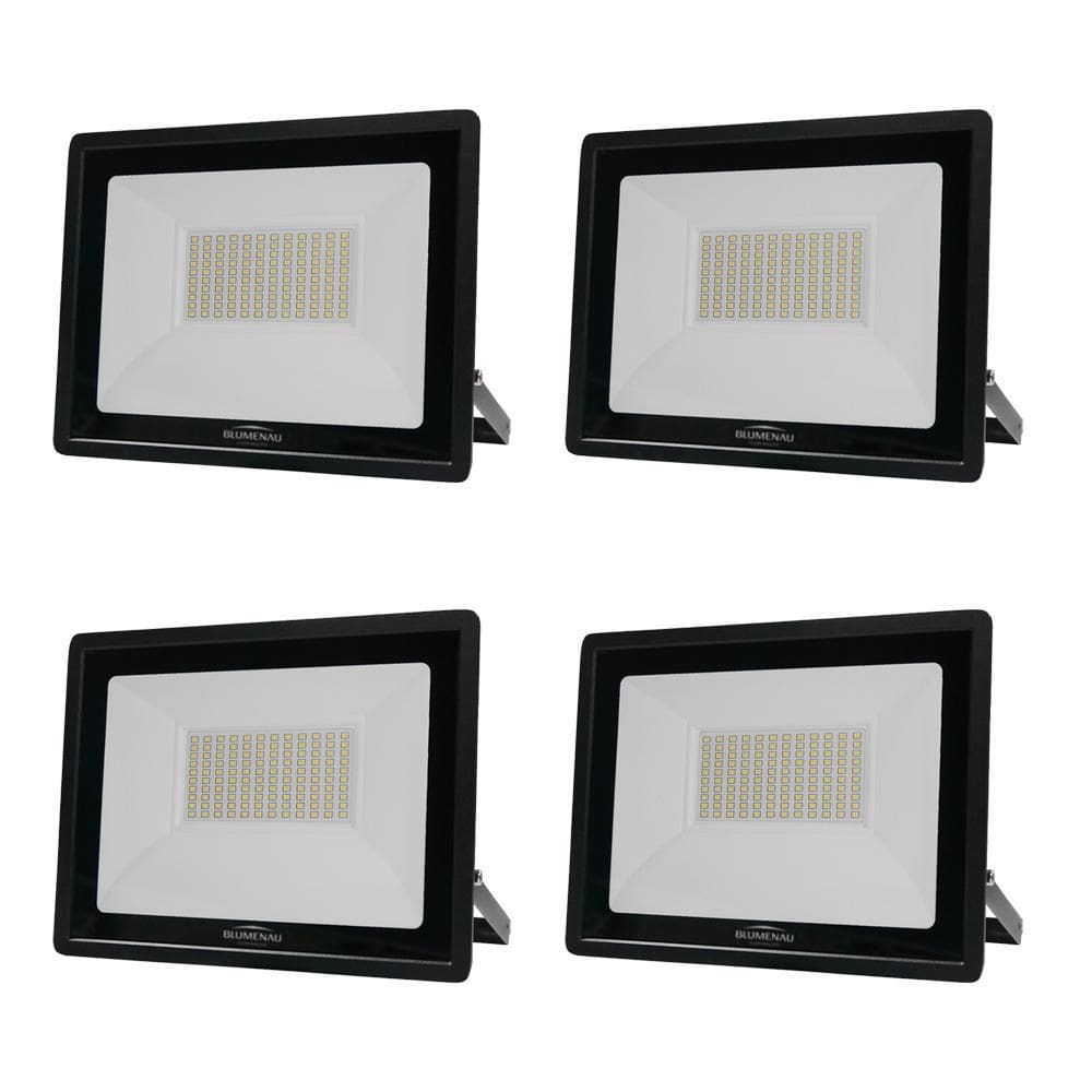 Kit 4 Refletor Led Slim 100W Prova Dágua Preto Bivolt 3000K