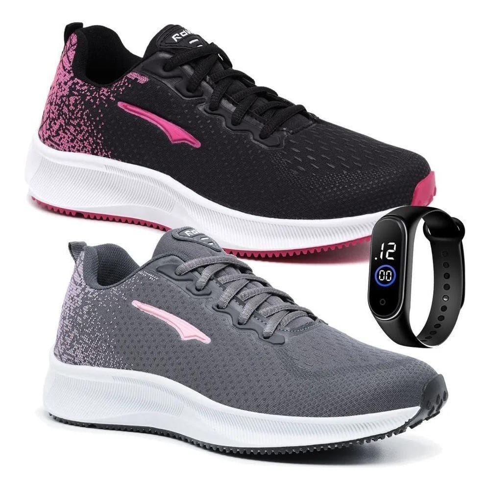 2X Kit 2 Tênis Para Academia Feminino Ortopédico + Relógio