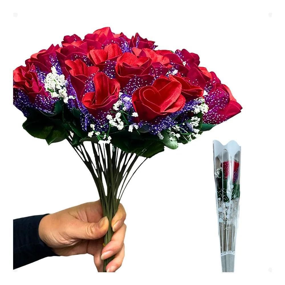 Kit 50 Botões De Rosas Artificiais Haste Decoração A Vermelh
