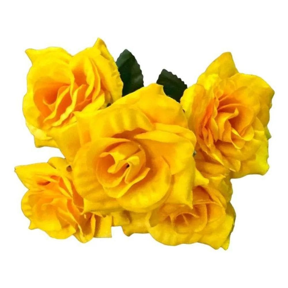 Kit Com 5 Buquês De Rosa Aveludada Artificial Com 5 Amarelo