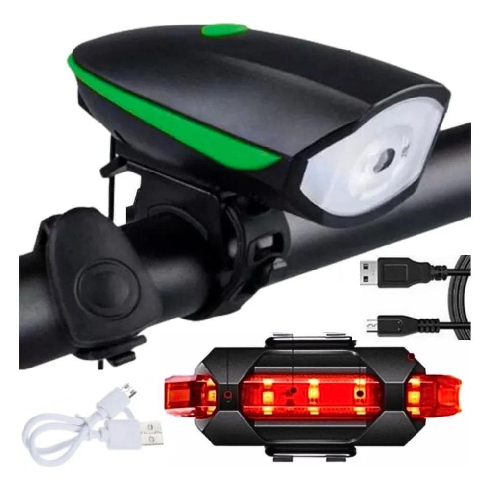 2X Kit Farol Buzina E Lanterna Bike Led Recarregável Bicicle