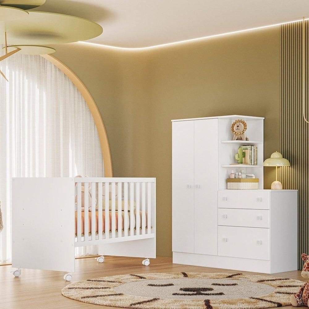 Quarto para Bebê Completo com Roupeiro e Berço Doce Sonho Branco