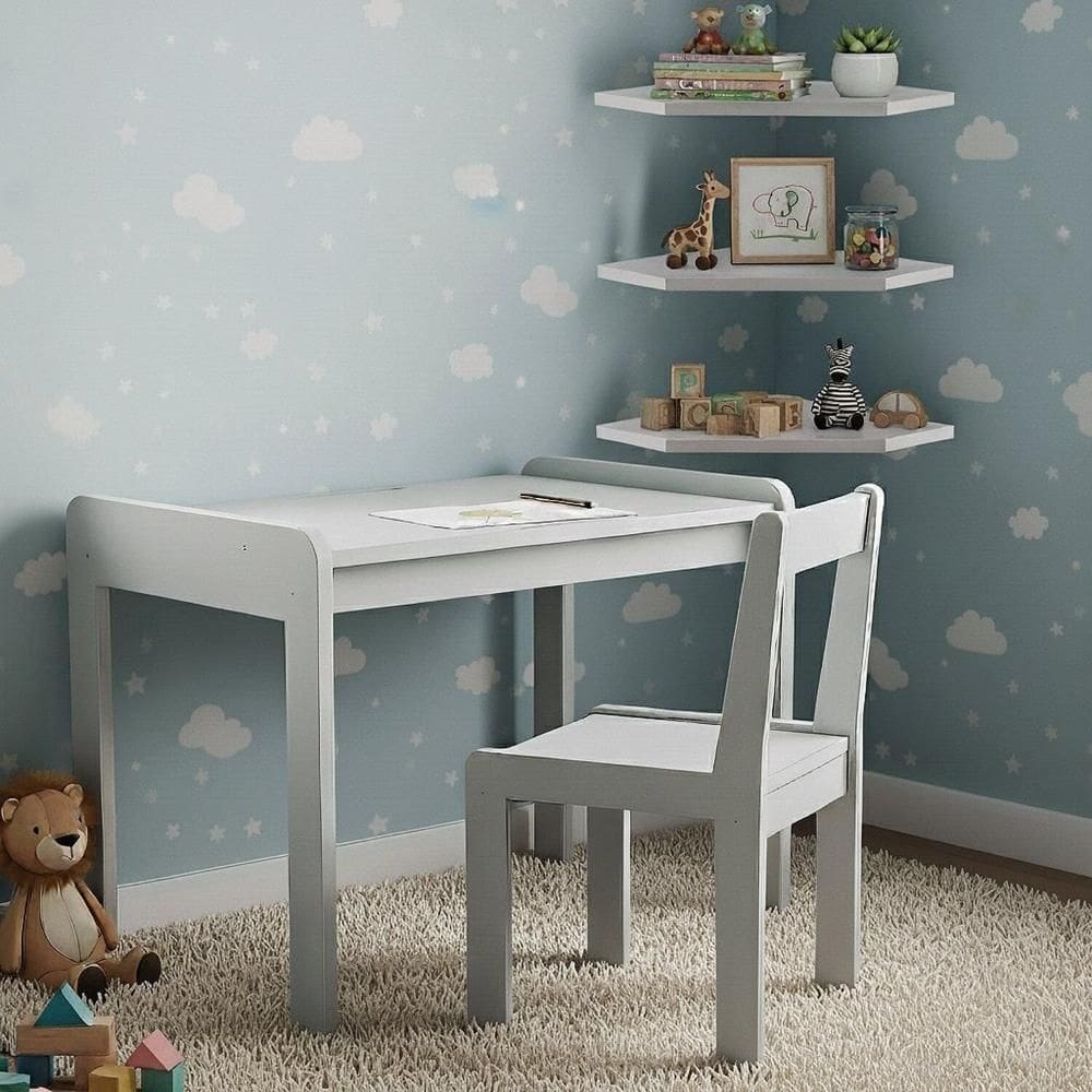 Conjunto Mesa e Cadeira Infantil com 3 Prateleiras de Canto Branco