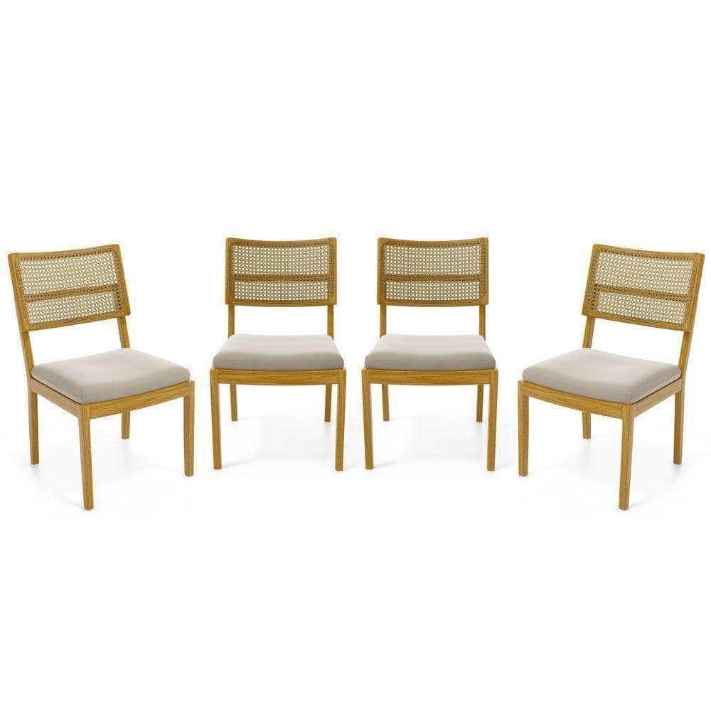 Kit Com 4 Cadeiras Milena Madeira Maciça Assentos Estofados Encostos De Tela Palha Sextavada Veludo Bege 102