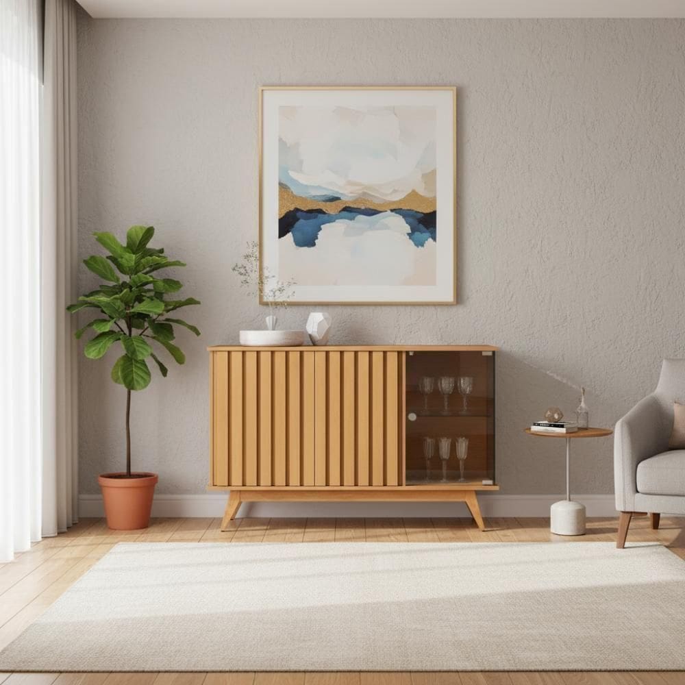 Buffet Aparador Com Portas Ripadas E Detalhes Em Vidro