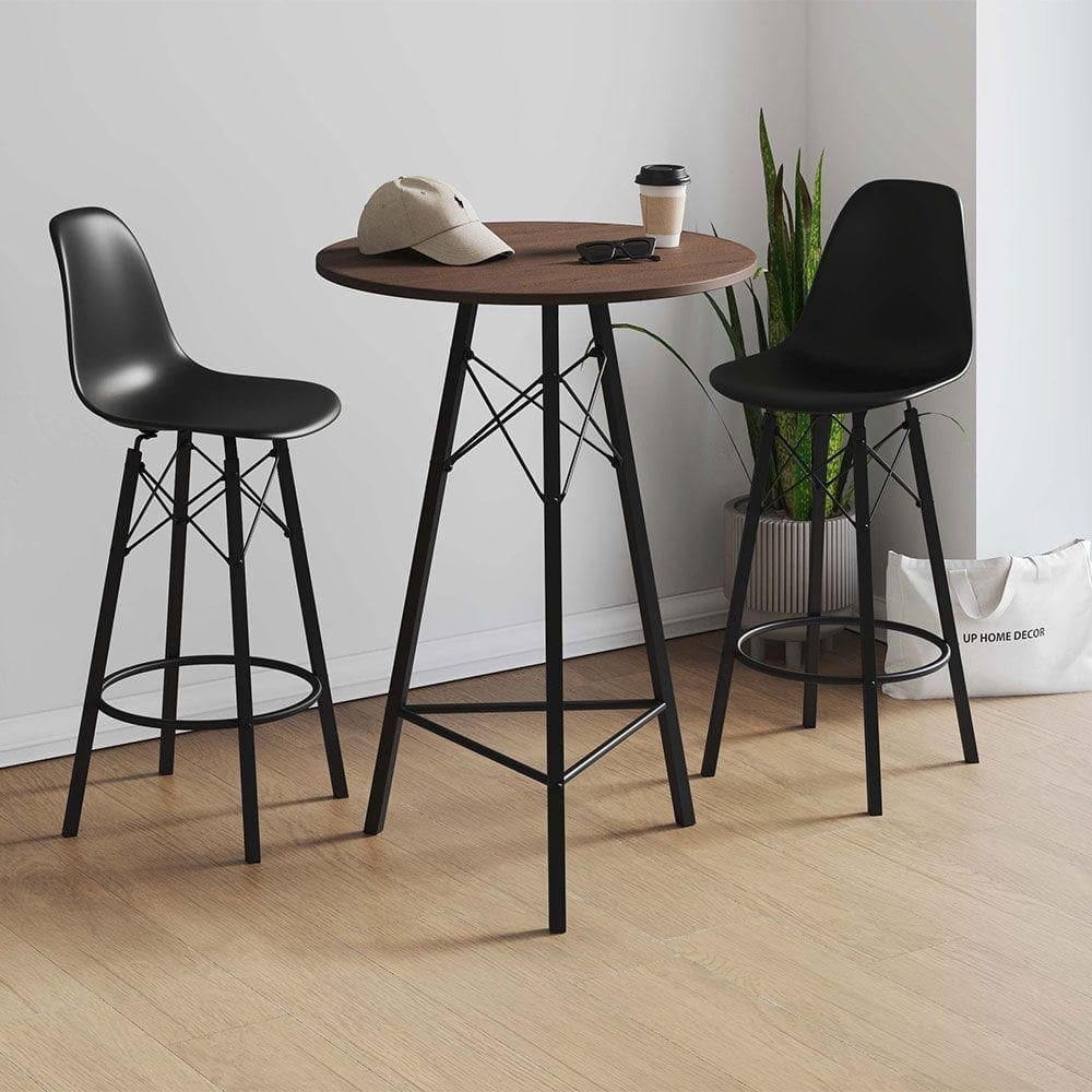 Conjunto Mesa Bistrô Redonda Estrutura Em Ferro Preto Com Tampo Amendoa Com 2 Banquetas Eames Preta