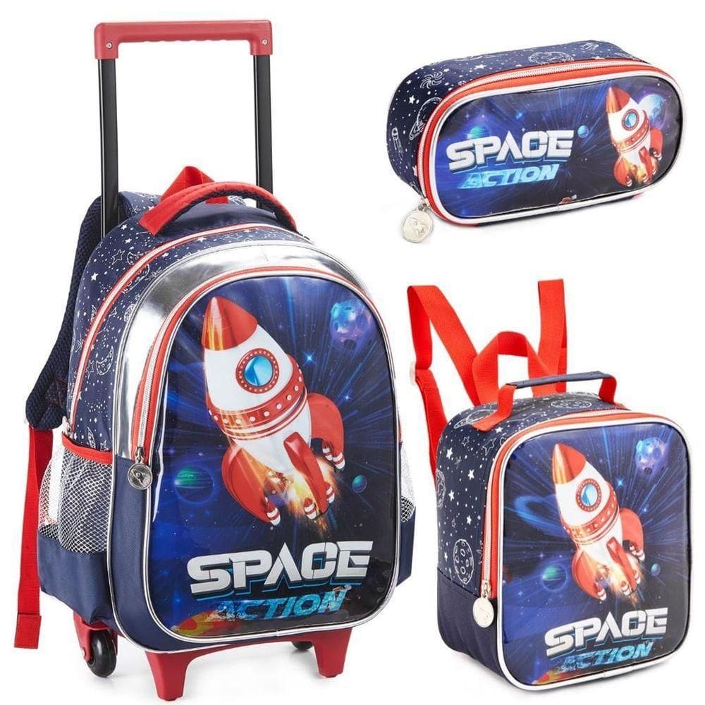 Kit Mochila Rodinha Lancheira Estojo Infantil Space Nasa Astronauta Denlex Escolar
