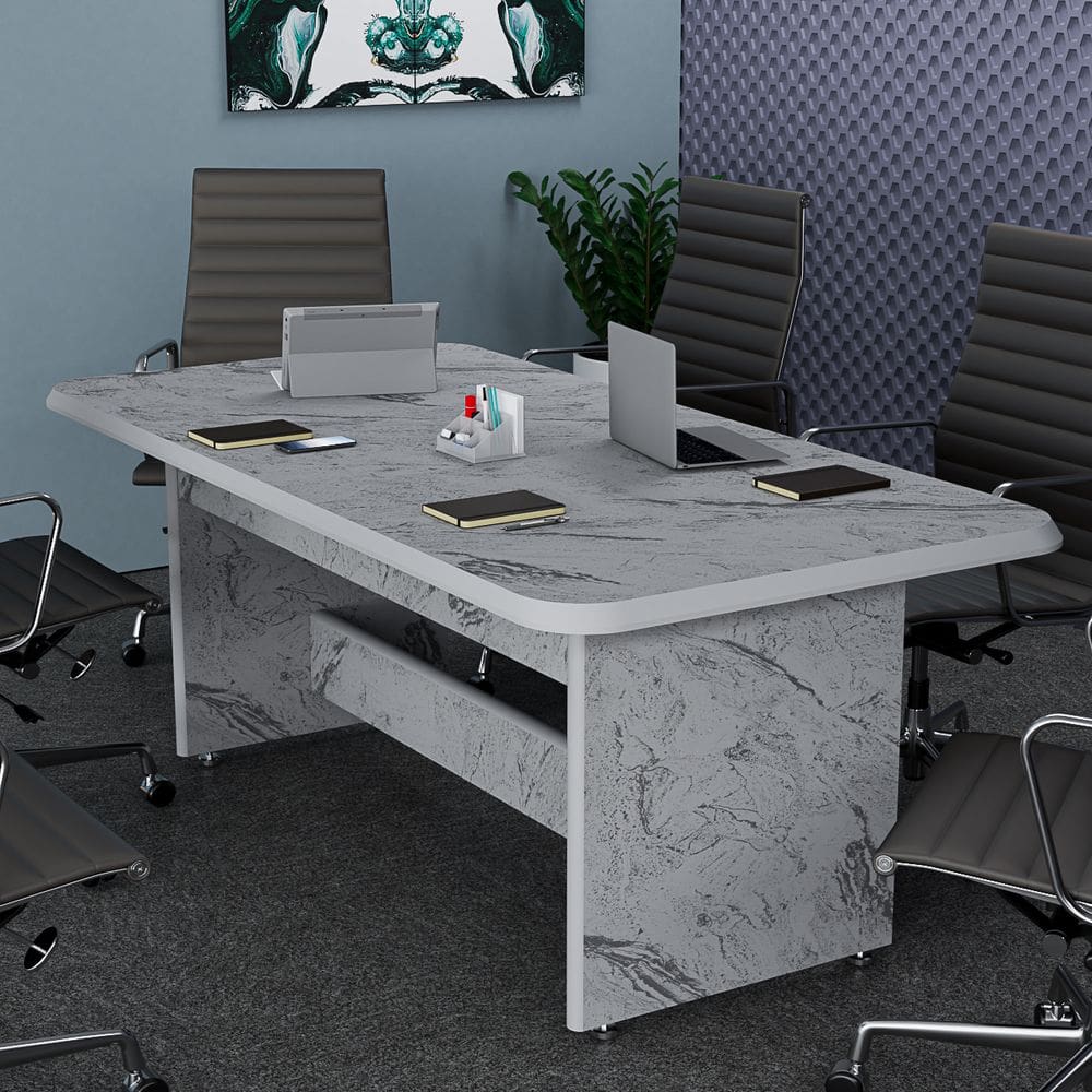 Mesa De Reunião Corporativa Retangular Estampa Marmorizada Escritório