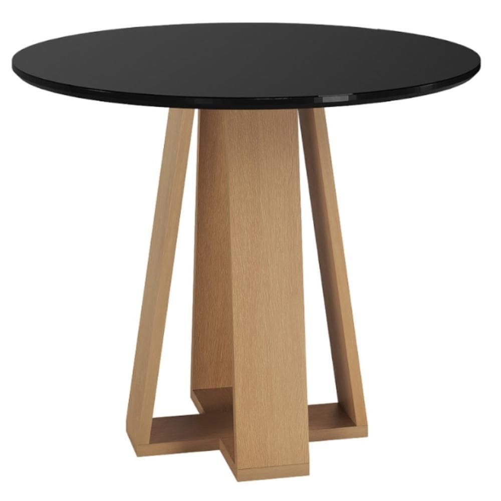 Mesa de Jantar Estilo Redonda 90cm com Vidro – MDF/MDP, Tampo 18mm, Base Mel/Preto – Sonetto