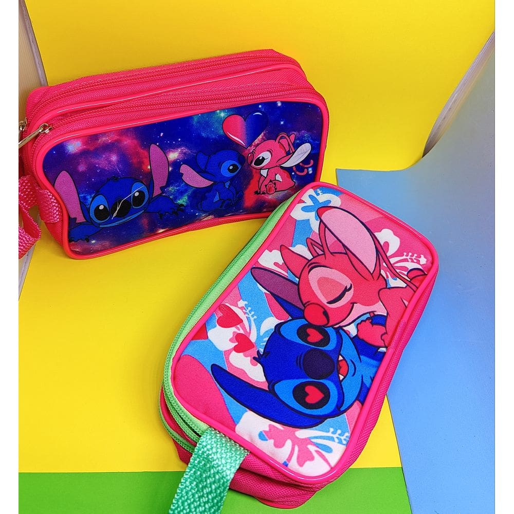 Estojo Escolar grande Infantil Meninas Personagens Disney Lilo Angel Stitch 2 Divisórios Duplo Compartimentos Creche