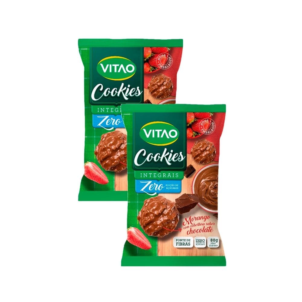 Kit 2 Cookies Integrais Vitao Morango com Cobertura Chocolate Zero Açúcares 80g