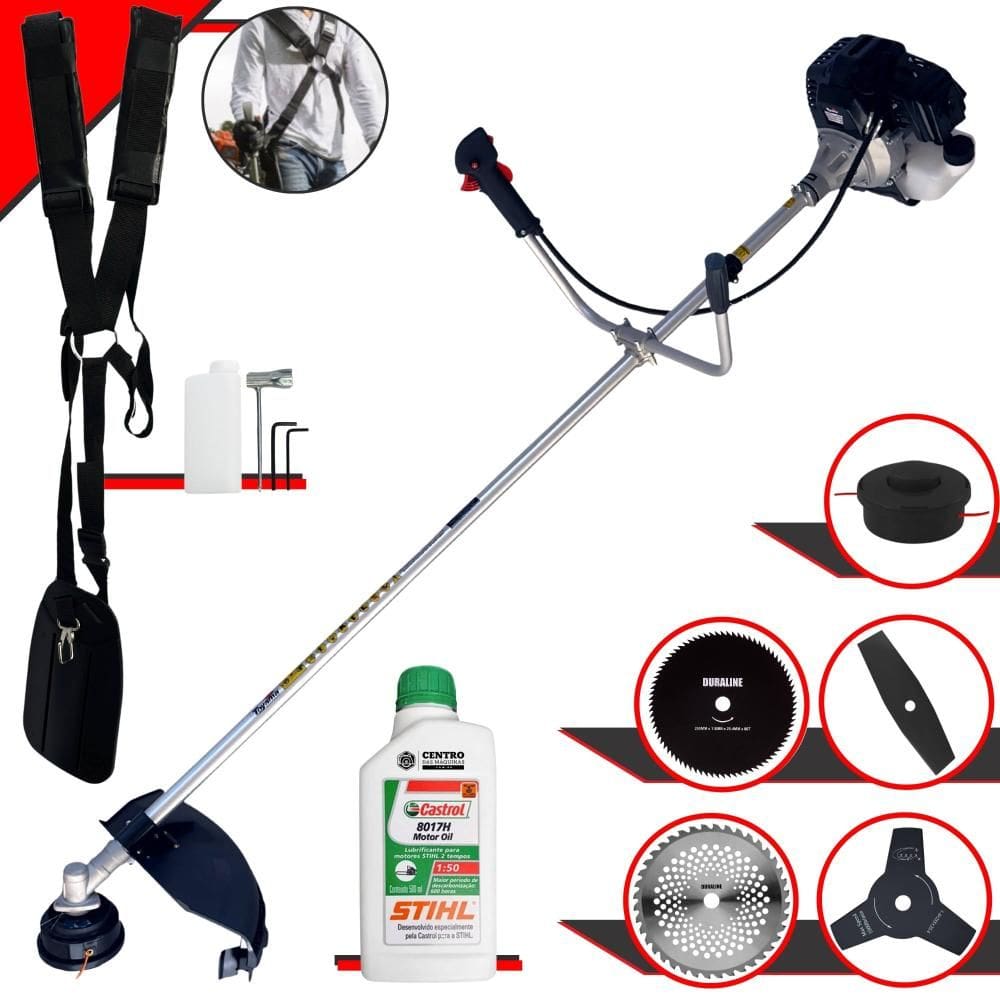 Roçadeira Com Sistema Anti-Vibração Toyama RT43LB-25A 10.000rpm 43cc 1,7HP Completa Com 5 Opções de Cortes, Carretel Nylon e Kit 4 Facas + ÓLEO STIHL