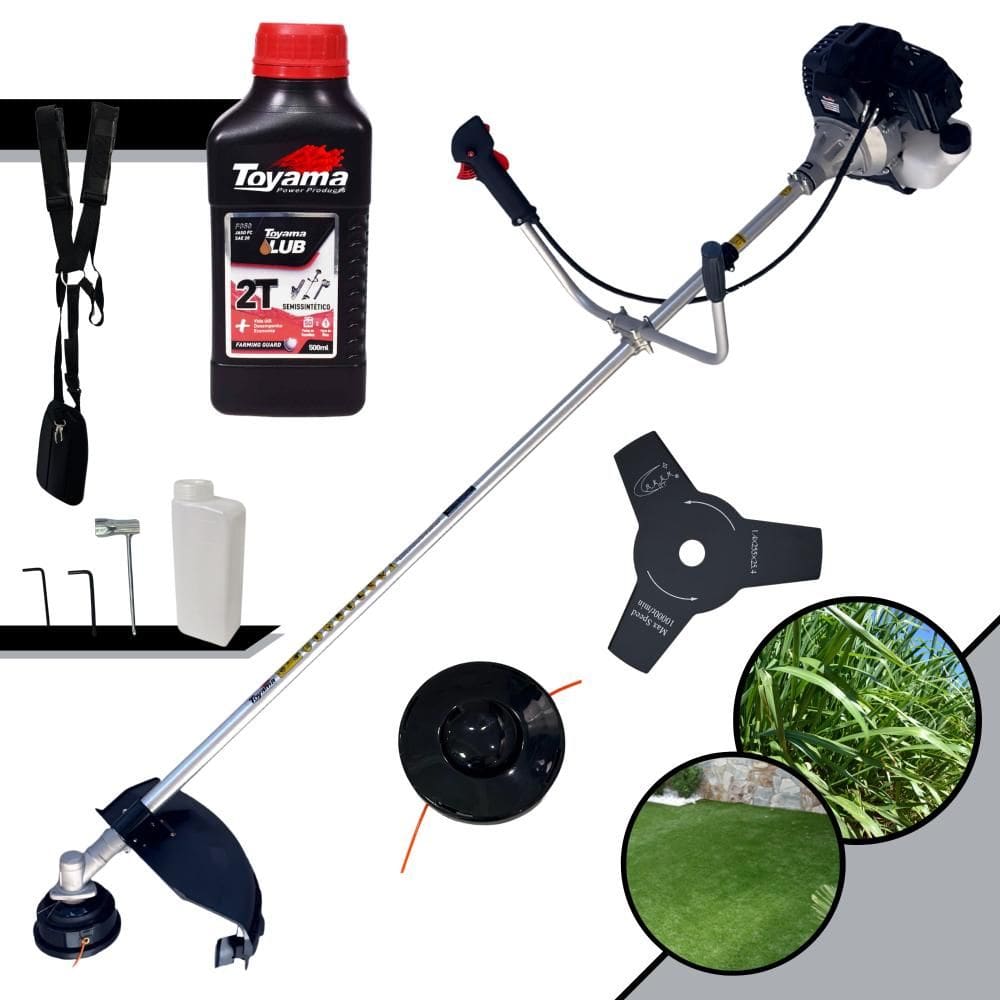 Roçadeira Profissional Com Sistema Anti-Vibração Toyama RT43LB-25A 43cc 1,7HP Aparador de Grama Com Cabeçote de Nylon + Lâmina 3 Pontas + ÓLEO TOYAMA
